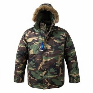 DODECA Vintage Y2K Men's 6XL Woodland Camo Parka Fur Hood Winter Jacket NWT